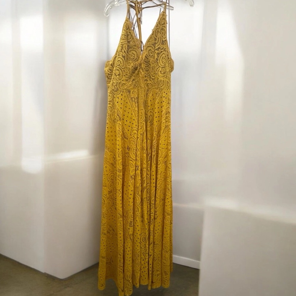Michael Costello x Revolve Long Sexy Maxi Dress Sz Medium Yellow Lace - Picture 6 of 11